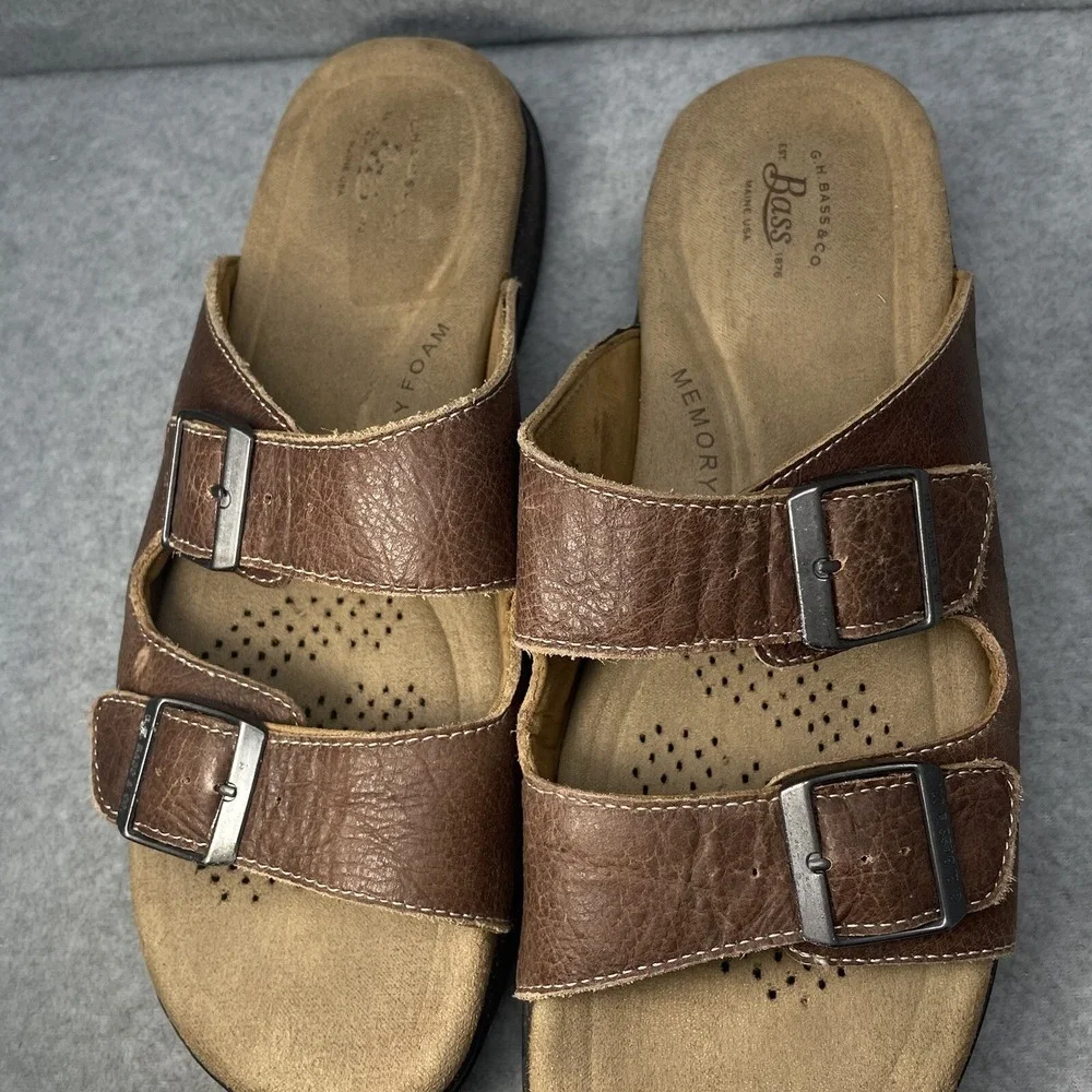 GH Bass & Co Men's 9M Brown Leather Slides double buckle Walking Sandal Casual